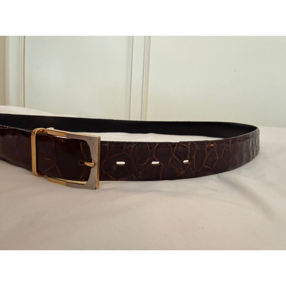 Vintage Brown Crocodile Embossed Leather Belt Two Tone Buckle Mens 38 - Picture 5 of 7